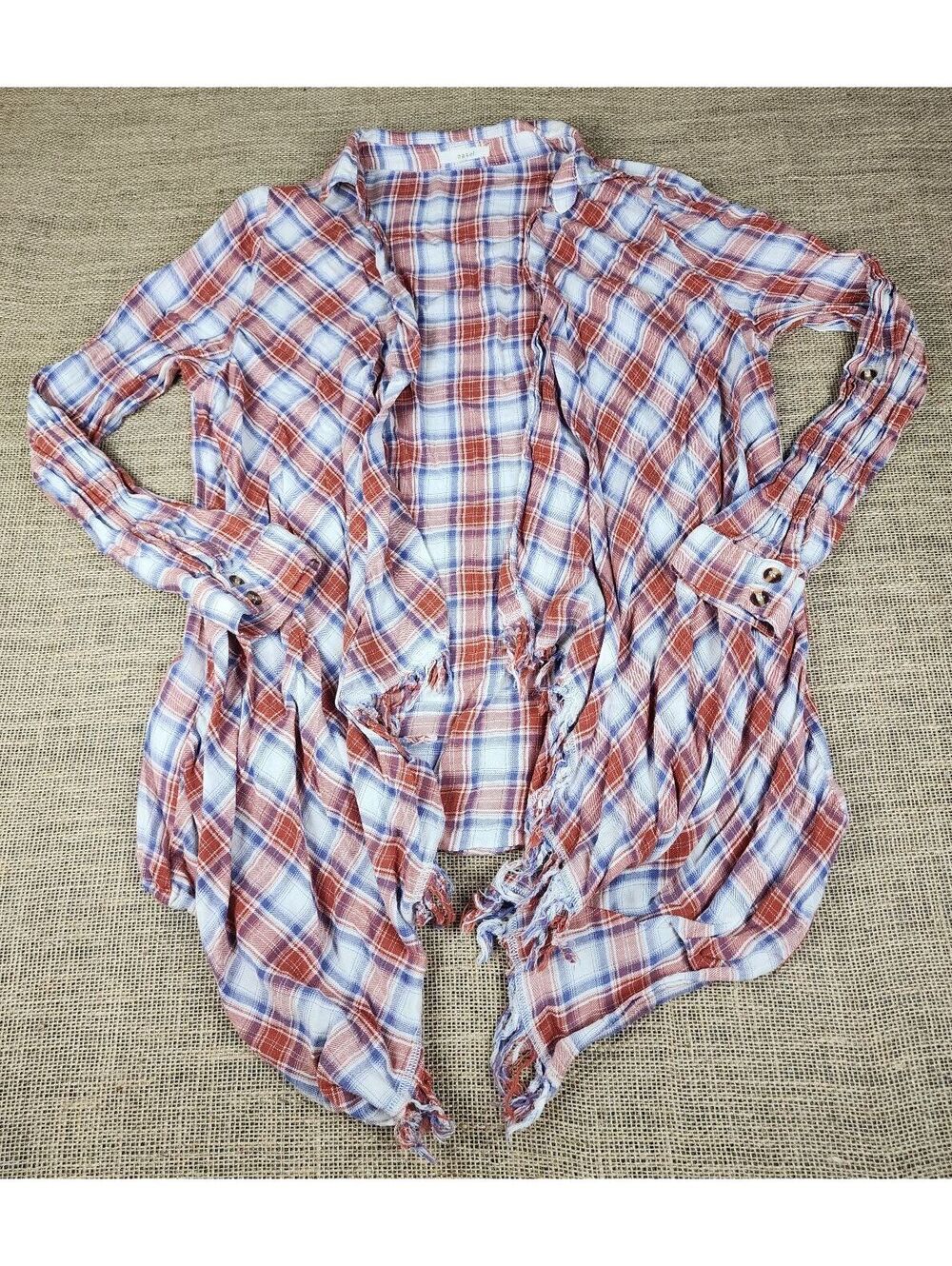 Easel Women's Plaid Open Front Cardigan with Frayed Edges XL